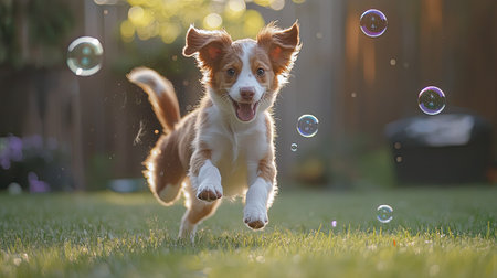 A lively puppy frolics in a sunlit garden, joyfully chasing floating bubbles. The scene captures the essence of playfulness and innocence in nature.の素材