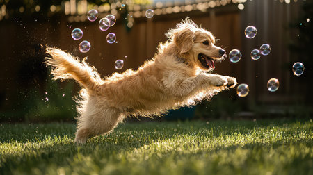 A joyful golden retriever leaps in the air chasing shimmering bubbles in a sunlit garden, showcasing pure exuberance and playful energy.の素材