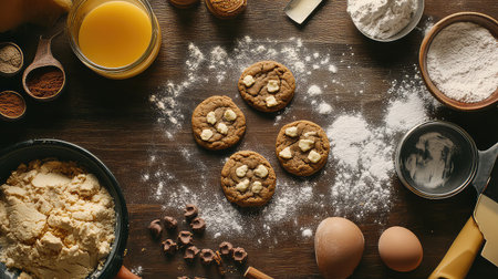 A captivating overhead view of freshly baked cookies on a rustic wooden table, surrounded by essential baking ingredients and utensils.の素材
