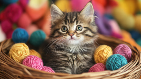 This delightful image features a cute striped kitten nestled among colorful yarn balls in a cozy woven basket. Perfect for pet enthusiasts and crafters, the playful cat radiates charm against a vibrant background, embodying warmth and joy.の素材