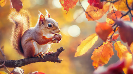 A charming squirrel delicately holds a nut while sitting on a branch surrounded by colorful autumn leaves, showcasing the beauty of nature and wildlife.の素材