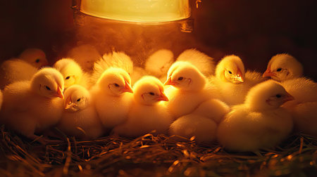 A heartwarming scene of fluffy yellow chicks huddled together under a glowing light in a rustic barn. This cozy image captures the innocence and warmth of farm life.の素材