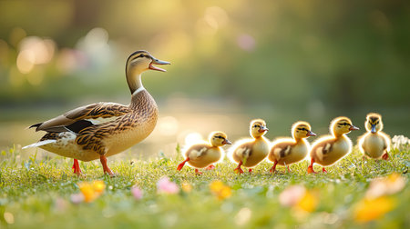 A charming scene of a mother duck leading her fluffy ducklings through a sunlit meadow adorned with colorful flowers, showcasing the beauty of nature.の素材