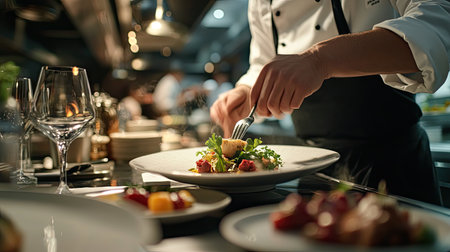 A skilled chef meticulously prepares a gourmet dish in a modern kitchen, showcasing the art of fine dining with vibrant ingredients and elegant presentation.の素材