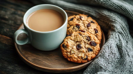 A serene still life featuring a warm cup of coffee next to freshly baked oatmeal cookies. The rustic wooden table and soft blanket create an inviting atmosphere perfect for relaxation and indulgence.の素材
