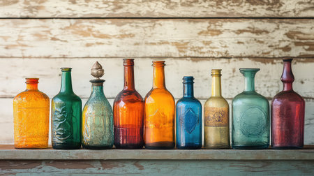 A stunning display of colorful vintage glass bottles resting against a rustic wooden backdrop. These uniquely shaped bottles highlight artistry and craftsmanship, adding charm to any space.の素材