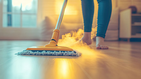 A person is cleaning a hardwood floor with a steam mop in a cozy living room, surrounded by warm lighting that creates a welcoming atmosphere.の素材