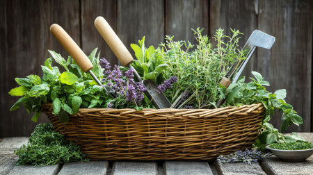 A beautifully arranged basket filled with fresh herbs and gardening tools on a rustic wooden table, showcasing a vibrant greenery theme, perfect for gardening enthusiasts.の素材