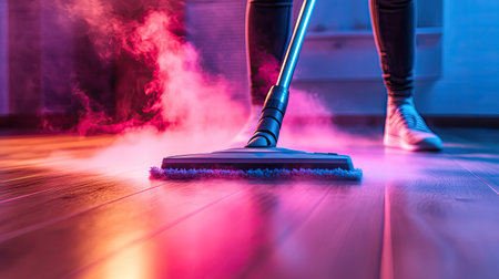 A steam cleaning process showcasing a modern floor cleaning tool in a vibrant environment. The scene emphasizes cleanliness, hygiene, and efficiency in home care.の素材