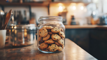 A charming glass jar filled with freshly baked cookies sits on a rustic kitchen countertop, inviting warmth and cozy vibes into any home.の素材