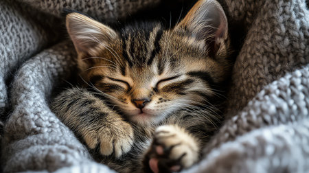 This image captures a cute tabby kitten peacefully sleeping while snuggled in a soft blanket. The fuzzy little paws and the closed eyes evoke pure tranquility and comfort, making it an ideal representation of coziness and innocence. Perfect for pet lovers or anyone seeking a heartwarming visual.の素材