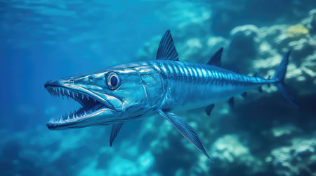 A stunning image of a barracuda gliding through crystal clear tropical waters, revealing its sharp teeth and sleek form. This photograph captures the vibrant beauty of underwater life.の素材