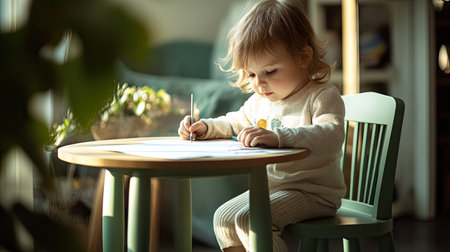 A serene scene featuring a young child deeply engaged in drawing at a round table, captured in soft natural light, highlighting creativity and innocence.の素材