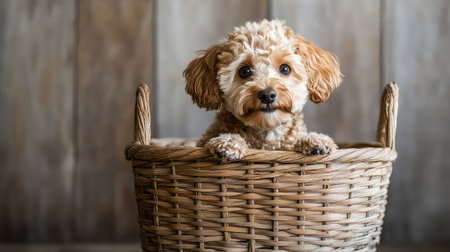 A charming small dog with curly, fluffy fur peeks over the edge of a wicker basket. This adorable pet exudes a playful and friendly demeanor, perfect for any animal lover's collection.の素材