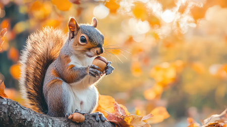 A charming squirrel holds an acorn amidst vibrant autumn leaves, capturing the essence of nature's beauty in a peaceful fall setting.の素材