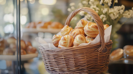 A beautifully arranged basket filled with freshly baked pastries, showcasing their golden, flaky textures that add warmth to any cozy bakery environment.の素材