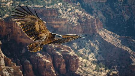 A stunning eagle glides gracefully through a vast canyon landscape, showcasing its impressive wingspan against a backdrop of rugged rock formations.の素材