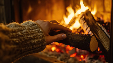 A cozy scene depicting a hand gently placing firewood into a vibrant fireplace, casting a warm glow, perfect for evoking feelings of comfort and relaxation.の素材
