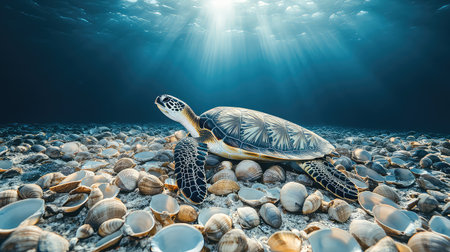 A captivating underwater scene featuring a sea turtle surrounded by various shells on the ocean floor, illuminated by sunbeams filtering through the surface waters.の素材