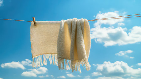 A soft, white blanket hangs gently on a line against a bright blue sky filled with fluffy clouds, evoking feelings of comfort and tranquility. Ideal for outdoor relaxation.の素材