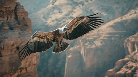 A stunning image of an eagle soaring gracefully above a rocky landscape, showcasing its impressive wingspan against a clear blue sky, symbolizing freedom and nature's grandeur.の素材