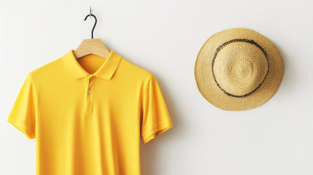 A bright yellow polo shirt hangs on a wooden hook beside a straw hat. This stylish arrangement against a plain white background evokes summer vibes and casual fashion.の素材