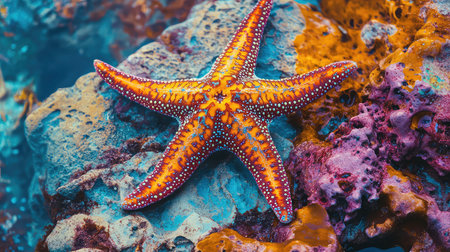 A stunning starfish rests on a colorful coral reef, showcasing vibrant colors amid clear ocean water, highlighting the beauty of underwater ecosystems.の素材