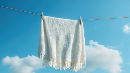 A soft white blanket elegantly hangs on a clothesline against a vibrant blue sky filled with fluffy clouds, representing comfort and tranquility.の素材