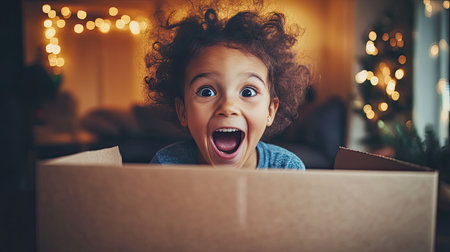 A happy child with curly hair expresses pure joy while opening a box in a warmly decorated room, capturing the magic of surprise and festive spirit.の素材