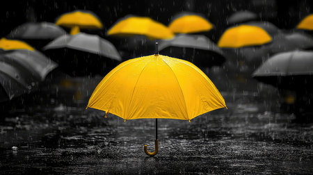 A single yellow umbrella stands confidently in a sea of gray umbrellas amidst pouring rain, highlighting resilience and individuality against a gloomy backdrop.の素材