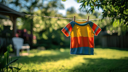 A vibrant, colorful children's t-shirt hangs on a clothesline, surrounded by a serene garden. The sunlight enhances its bright hues, creating a joyful scene.の素材