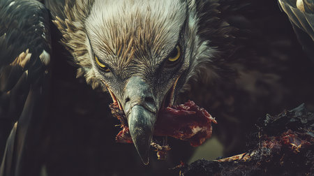 A captivating close-up of a majestic eagle engaging in a fierce feeding moment, featuring its intense gaze and sharp beak grasping raw meat. The powerful bird highlights the raw essence of wildlife and survival in nature.の素材