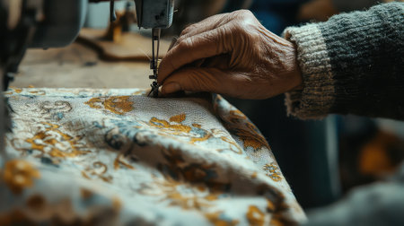 A detailed close-up showcasing a skilled hand operating a sewing machine, working with floral fabric in a cozy workshop setting. Emphasizes the artistry of sewing.の素材