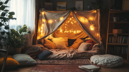 A cozy indoor fort designed with soft cushions and glowing fairy lights creates a warm atmosphere perfect for relaxation and playful moments.の素材