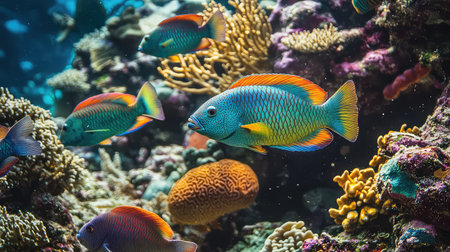 Discover the beauty of a vibrant coral reef teeming with colorful fish swimming gracefully. This underwater scene captures the essence of marine life and biodiversity.の素材