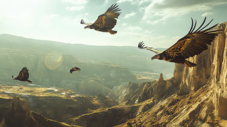 A breathtaking scene capturing majestic eagles in flight over a dramatic mountain landscape, showcasing natural beauty and freedom against a serene sky.の素材
