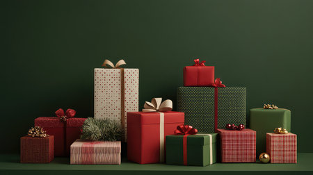 A visually appealing arrangement of beautifully wrapped Christmas gifts in varying sizes and colors against a rich green background, radiating festive cheer.の素材