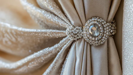 This stunning image showcases an elegant draped fabric featuring a luxurious silver brooch. It highlights fine details in interior design, adding sophistication and charm.の素材