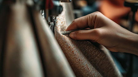This image captures the intricate process of measuring fabric by hand in a textile workshop, showcasing a dedicated artisan's attention to detail and creativity.の素材