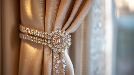 An exquisite curtain detail featuring a luxurious fabric tie adorned with sparkling accents, enhancing the sophisticated charm of any home interior.の素材