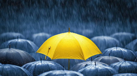 A bright yellow umbrella stands boldly amid a sea of dark umbrellas in a rainy urban setting, highlighting the theme of individuality and resilience.の素材