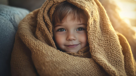 A delightful portrait of a cheerful child wrapped in a soft, cozy blanket, radiating warmth and happiness with a captivating smile in natural light.の素材