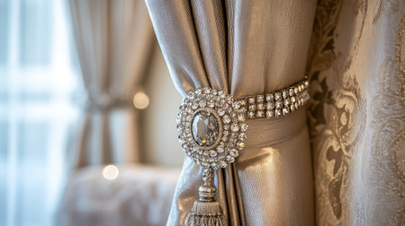 This stunning image showcases elegant drapery featuring a crystal embellishment, perfect for luxurious interior design. The soft lighting enhances the warm tones, creating a sophisticated ambiance ideal for upscale home decor.の素材