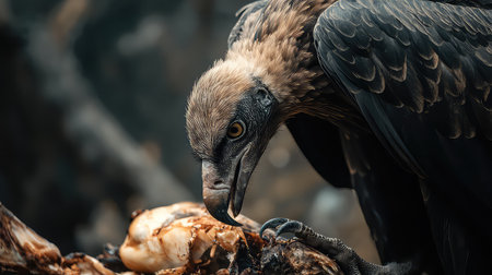 A striking close-up of a vulture feasting on carrion, showcasing its intricate feathers and sharp beak in a natural setting. This image highlights the vital role of scavengers in the ecosystem and their unique feeding behaviors.の素材
