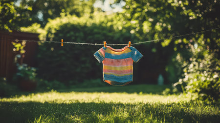 A colorful striped baby shirt hangs on a clothesline in a lush garden, capturing the essence of summer and childhood, surrounded by greenery.の素材