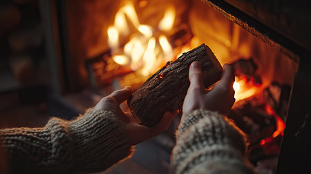 A serene and intimate scene of a person in a cozy sweater holding a wooden log near a glowing fireplace, evoking warmth and comfort during cold evenings.の素材