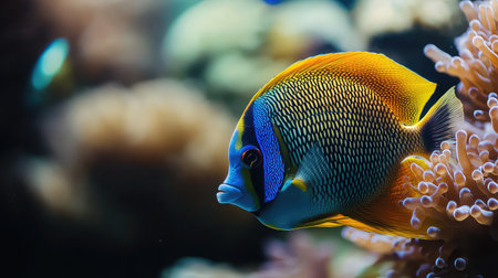 A stunning tropical fish gracefully swims through a colorful coral reef, showcasing its vibrant colors and the beauty of marine life in clear ocean water.の素材