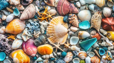 A stunning display of assorted sea shells, featuring vibrant colors and unique shapes, set against a sandy backdrop, perfect for marine enthusiasts.の素材