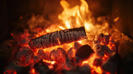 This image captures glowing embers and flickering flames, creating a soothing and inviting ambiance. Ideal for themes of warmth, comfort, and relaxation.の素材