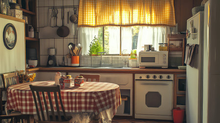 This charming kitchen interior features a cozy atmosphere with natural light flooding through the window. The rustic decor includes a gingham tablecloth, inviting seating, and neatly organized kitchenware, creating a perfect space for culinary activities and family gatherings.の素材